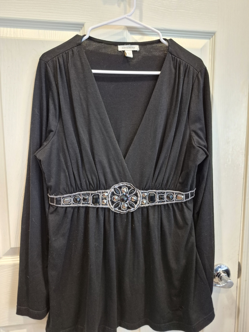 5/25 Black Long-Sleeve V-Neck Top with Embellished Waist